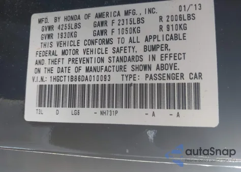 2013 Honda Accord Ex-L from USA, damaged, VIN 1HGCT1B86DA010093